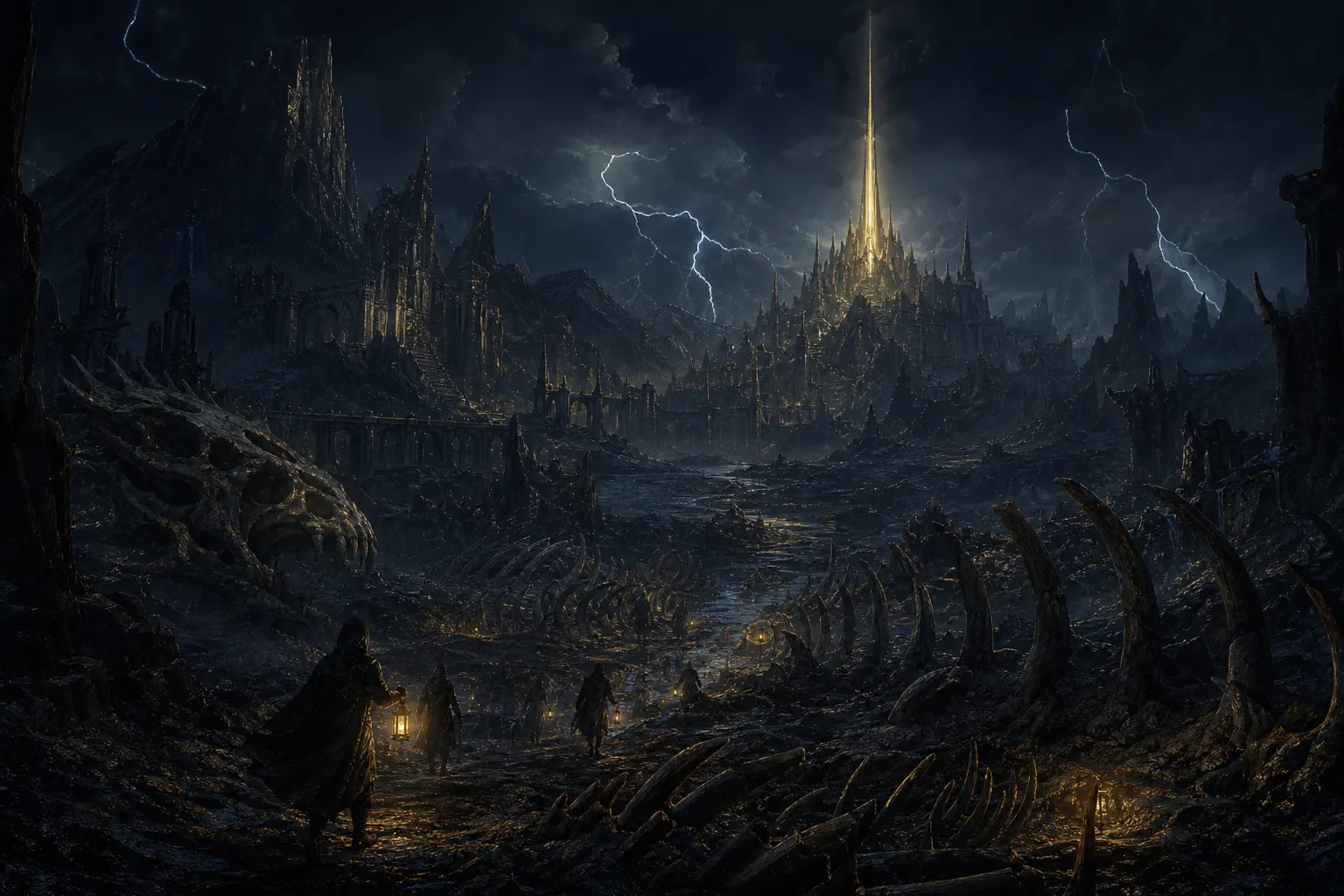 An expedition crossing a dark ruined land